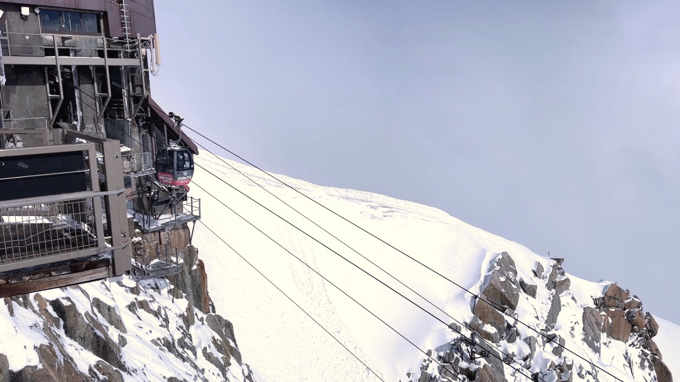 The cable-car station perched on a cliff near Mont Blanc