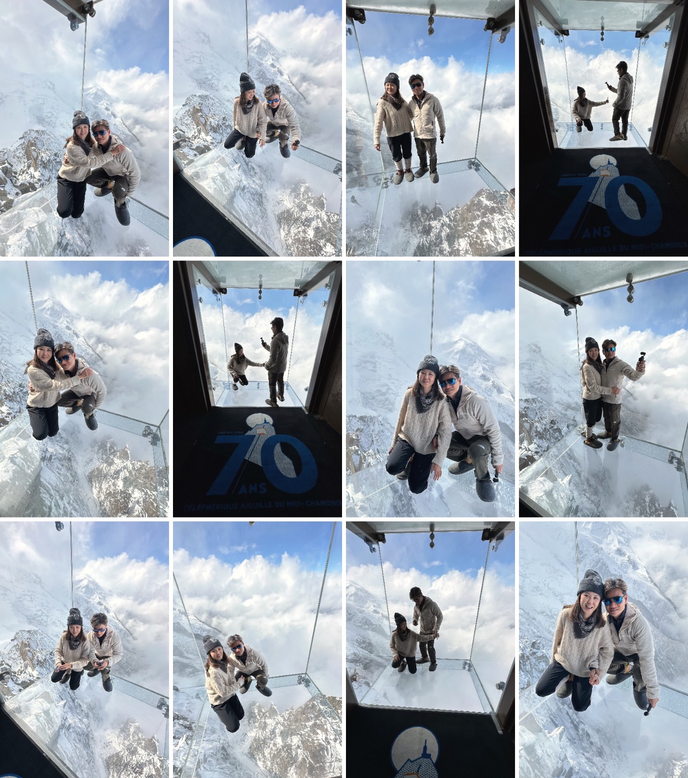 A collage of twelve photos in the Step into the Void glass box at the Aiguille du Midi