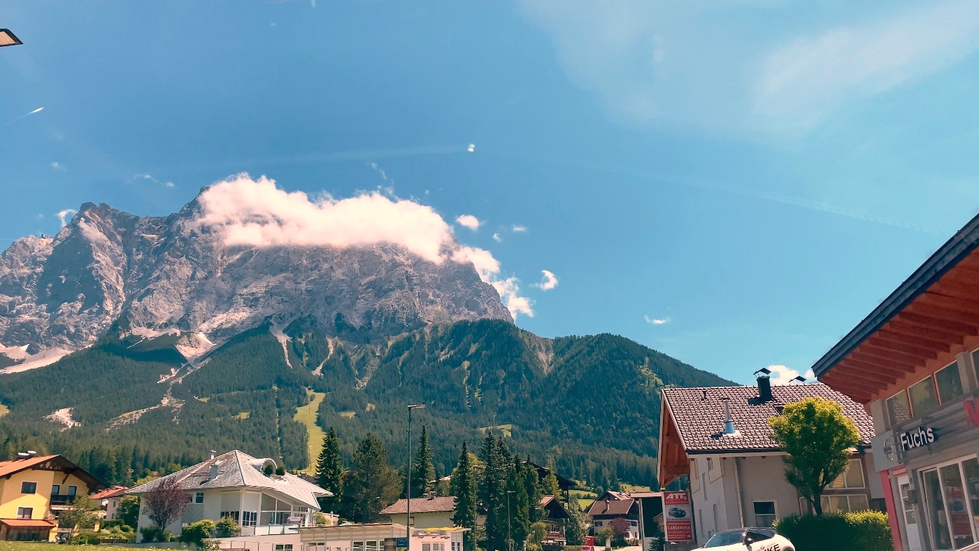 The Zugspitze towering over the quiet Austrian town of Ehrwald
