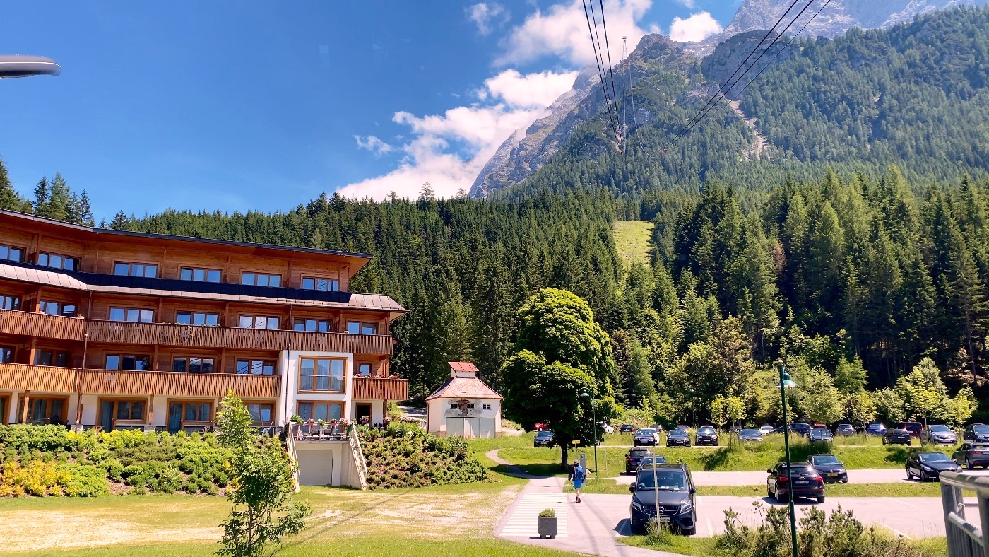 The valley cable-car base station, ropes climbing toward the Zugspitze