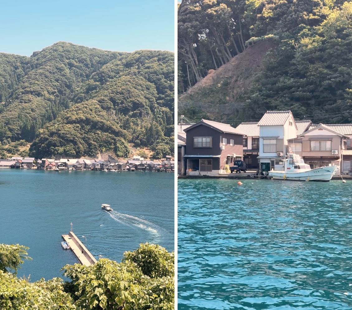 Ine bay seen from above with its boathouses lining the water, and a closer view of the funaya houses and a moored fishing boat