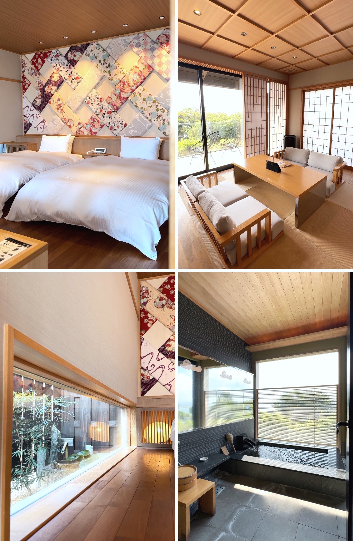 The in-room onsen bath, the garden-view corridor, the tatami sitting room, and the twin beds against a kimono-patchwork wall