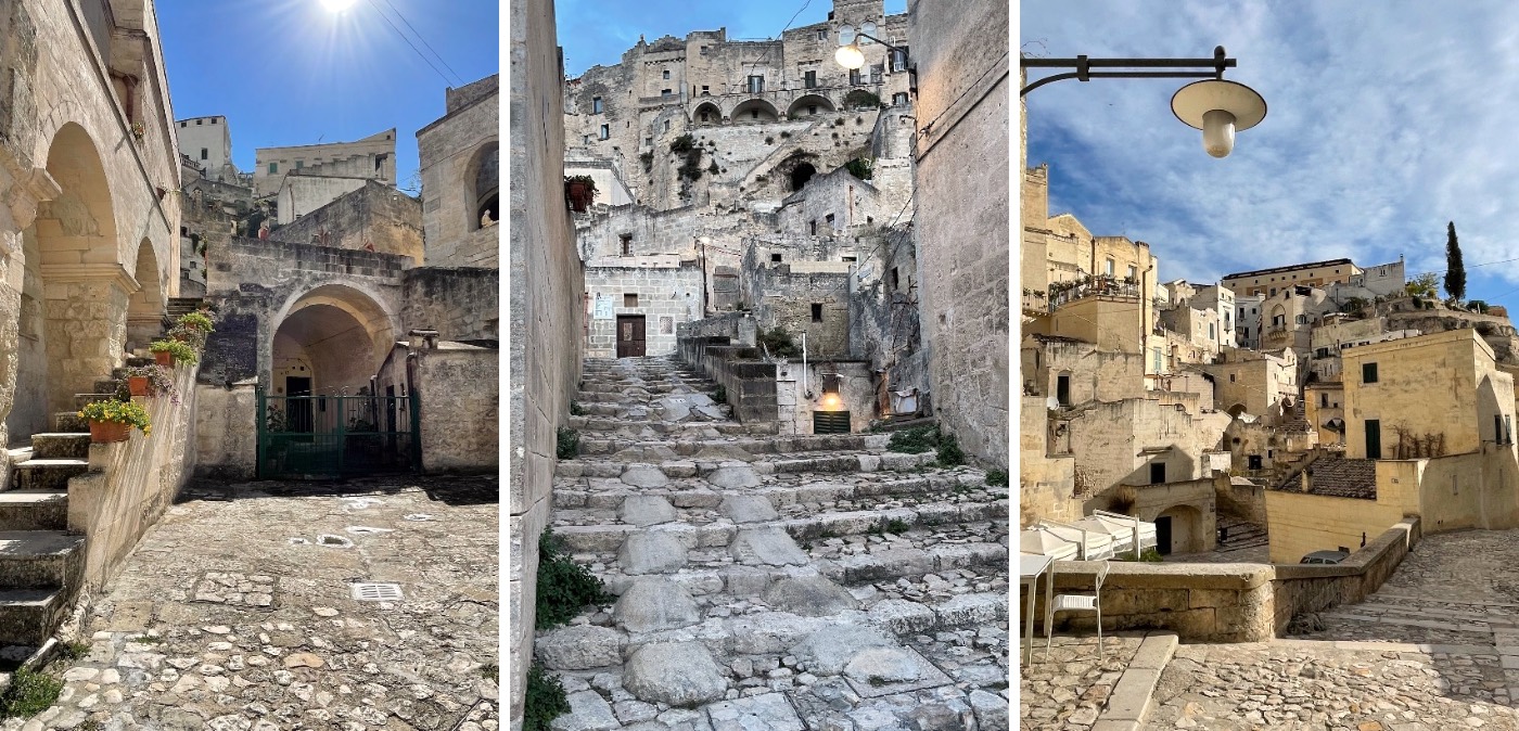A three-photo collage of Matera's lanes: a sunlit courtyard, a dusk stone stairway, and a view under a street lamp