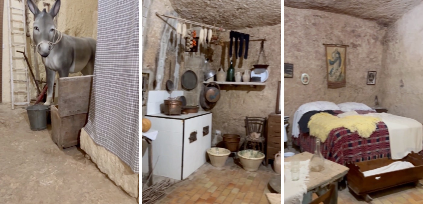 A three-photo collage of a restored cave dwelling: the kitchen, the stabled donkey, and the bedroom
