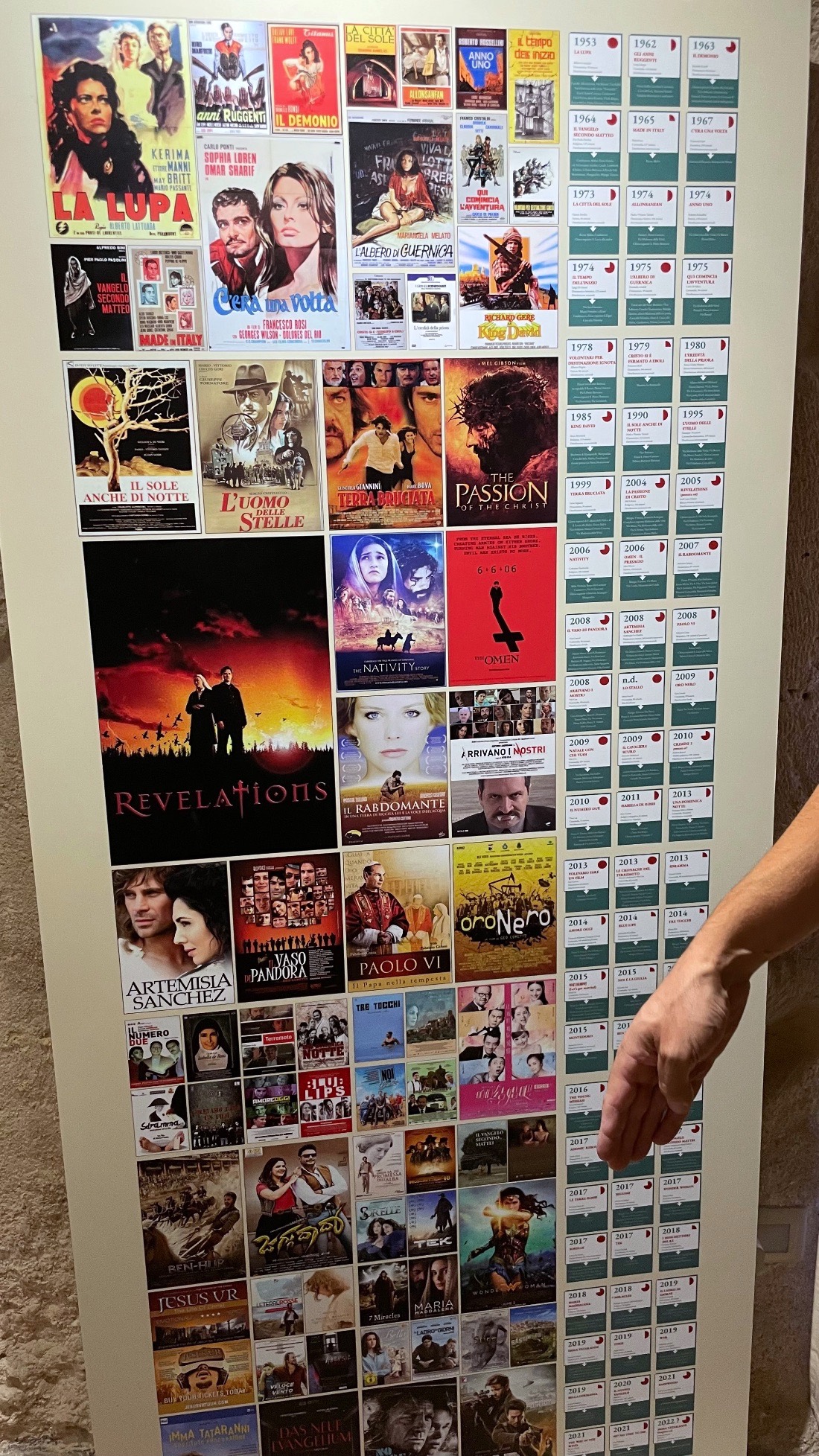 A tall board displaying dozens of film posters shot in Matera, arranged by year