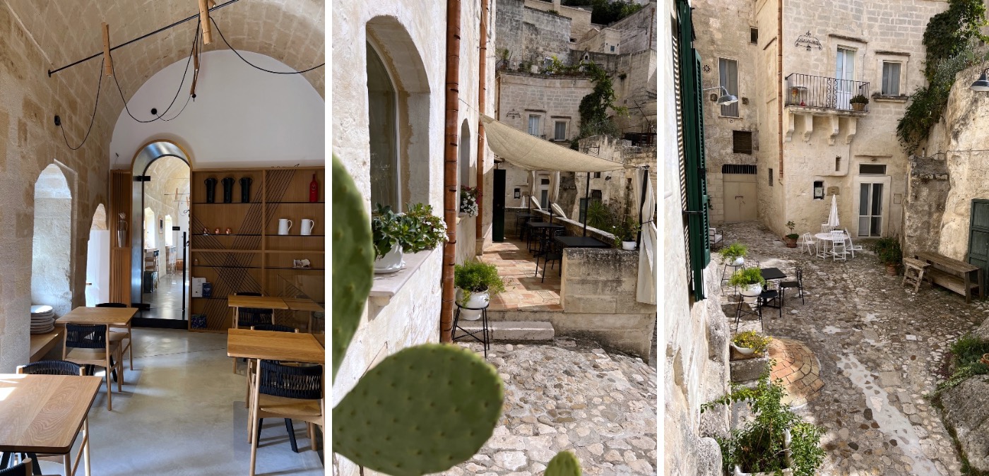 A three-photo collage of the cave hotel: its dining room, terrace and stone courtyard
