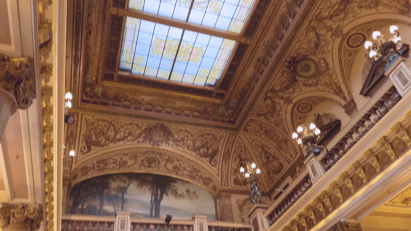 The gilded ceiling inside the Monte Carlo Casino
