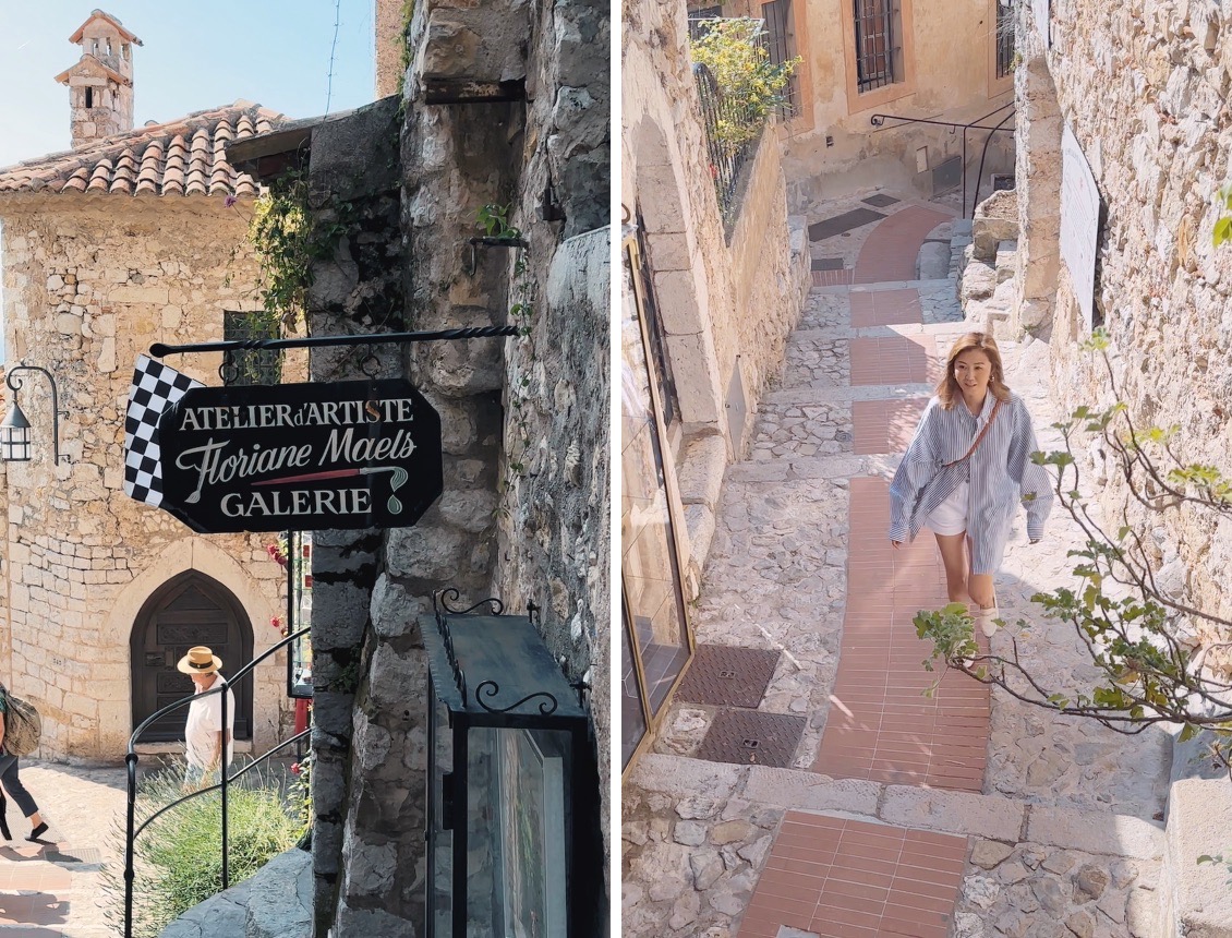 The medieval stone lanes of Èze Village — a galerie sign, and an archway down worn steps