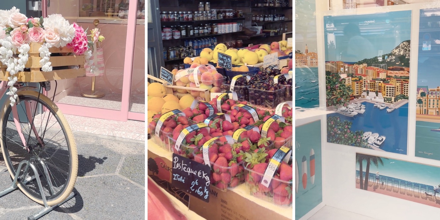 Menton’s slower pace — a flower-laden pink bicycle, a fruit market, and Riviera postcards